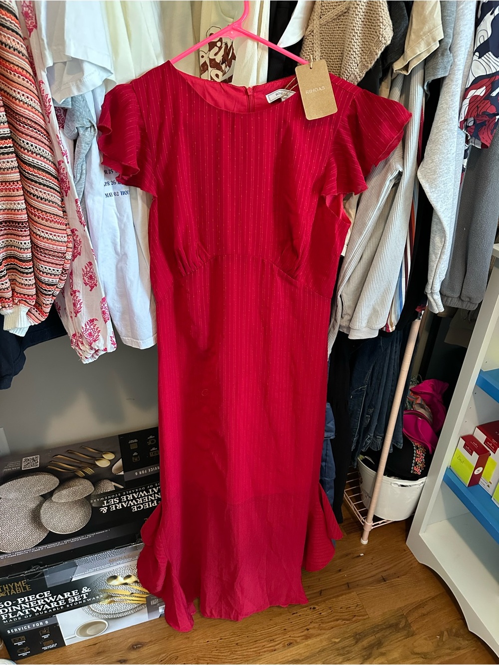 RIHOAS Red Flutter-Sleeve Midi Dress with Subtle Pinstripes